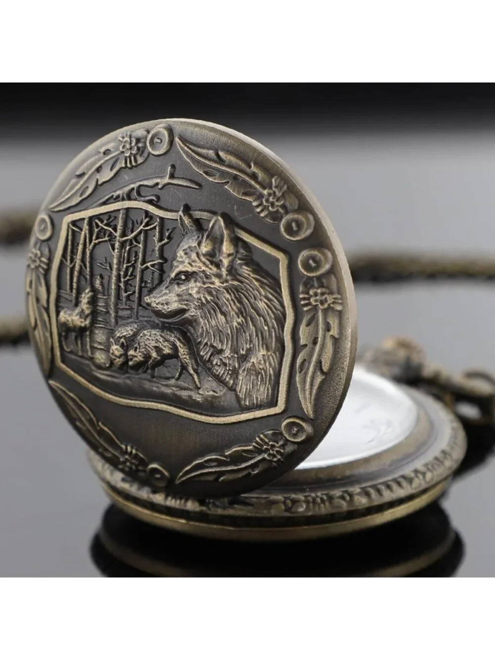 Men's Brown Analog Quartz Arabic Numerals Engraved Wolf Vintage Pocket Watch